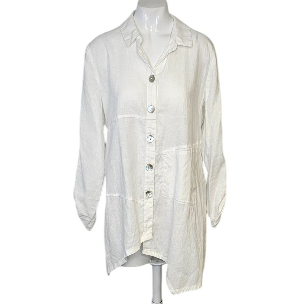 Habitat Linen Blend Lagenlook Aysymmetrical Roll Sleeve Shirt Size Small White